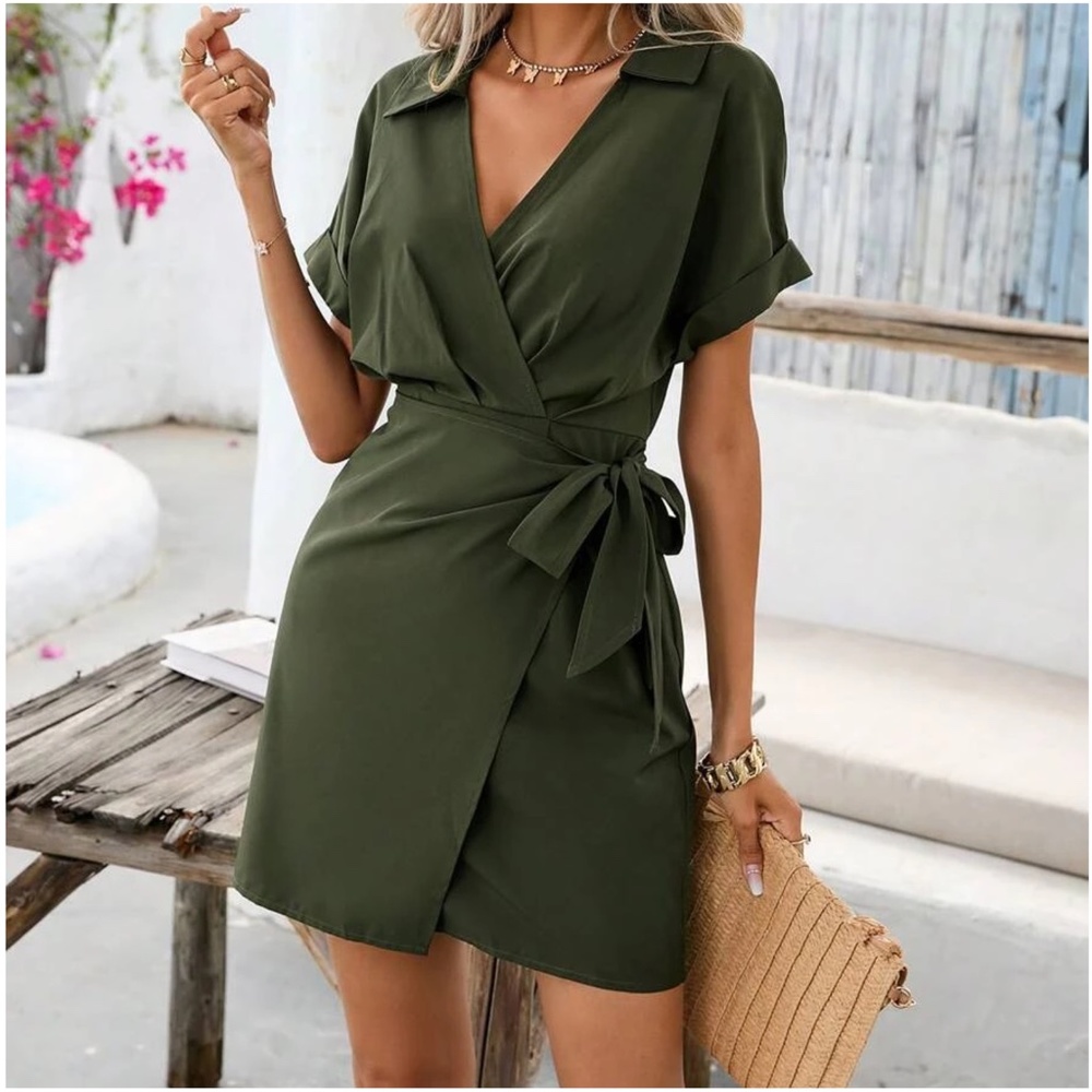 C Solid Surplice Batwing Sleeve Side Tie Dress - Picture 2 of 8